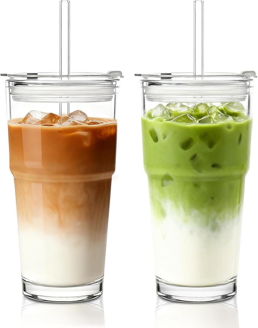 INSETLAN 20oz Clear Glass Cup with Lid and Glass Straw, Set of 2 Thickened Glass Coffee Tumblers, Drinking Glasses with Straw for Smoothie, Tea, Milk, Whiskey, Water and More Elegant & Durable