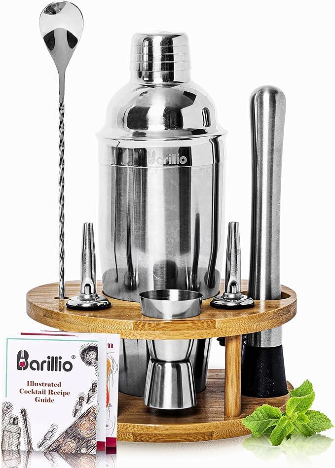 Mixology Bartender Kit Cocktail Shaker Set by Barillio: Drink Mixer Set with Bar Tools, Bamboo Stand Cocktail Mixer Mixing Spoon Mojito Muddler Jigger Liquor Pourers Recipes Booklet