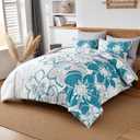 Anibedding Teal Floral Comforter Set King Size 7 Piece, Teal Blue Flower Bed in a Bag, Elegant Botanical Floral Comforter Soft Microfiber Complete Bedding Set for All Season, (Teal, 104"x90")