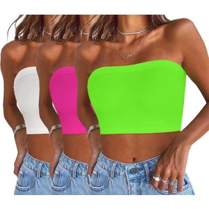 Womens Tube Tops Summer Bandeau Casual Crop Top Going Out Strapless Tank Basic Short Shirt (One Size Plus, 3 Pieces White,neon Pink,neon Green)