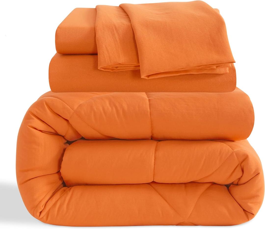 Twin Size Comforter Set, 5 Pieces Soft Bedding for All Seasons, Bed in A Bag, Kids Bedding Set with 1 Comforter, 1 Fitted Sheet, 1 Flat Sheet, 2 Pillowcases, Orange