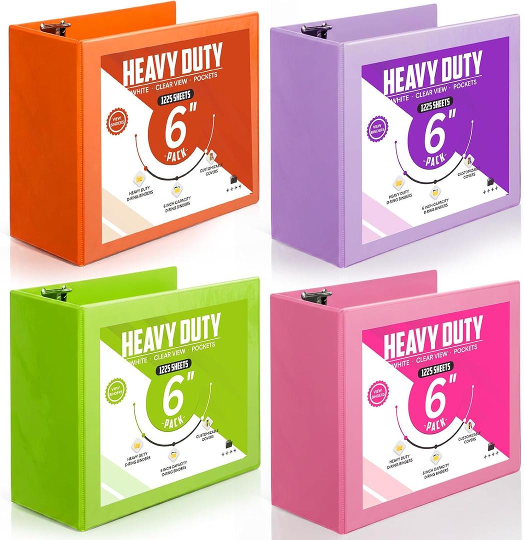 Sinload 4 Pcs 6 Inch 3 Ring Binders, Multicolored View Binder with Pockets