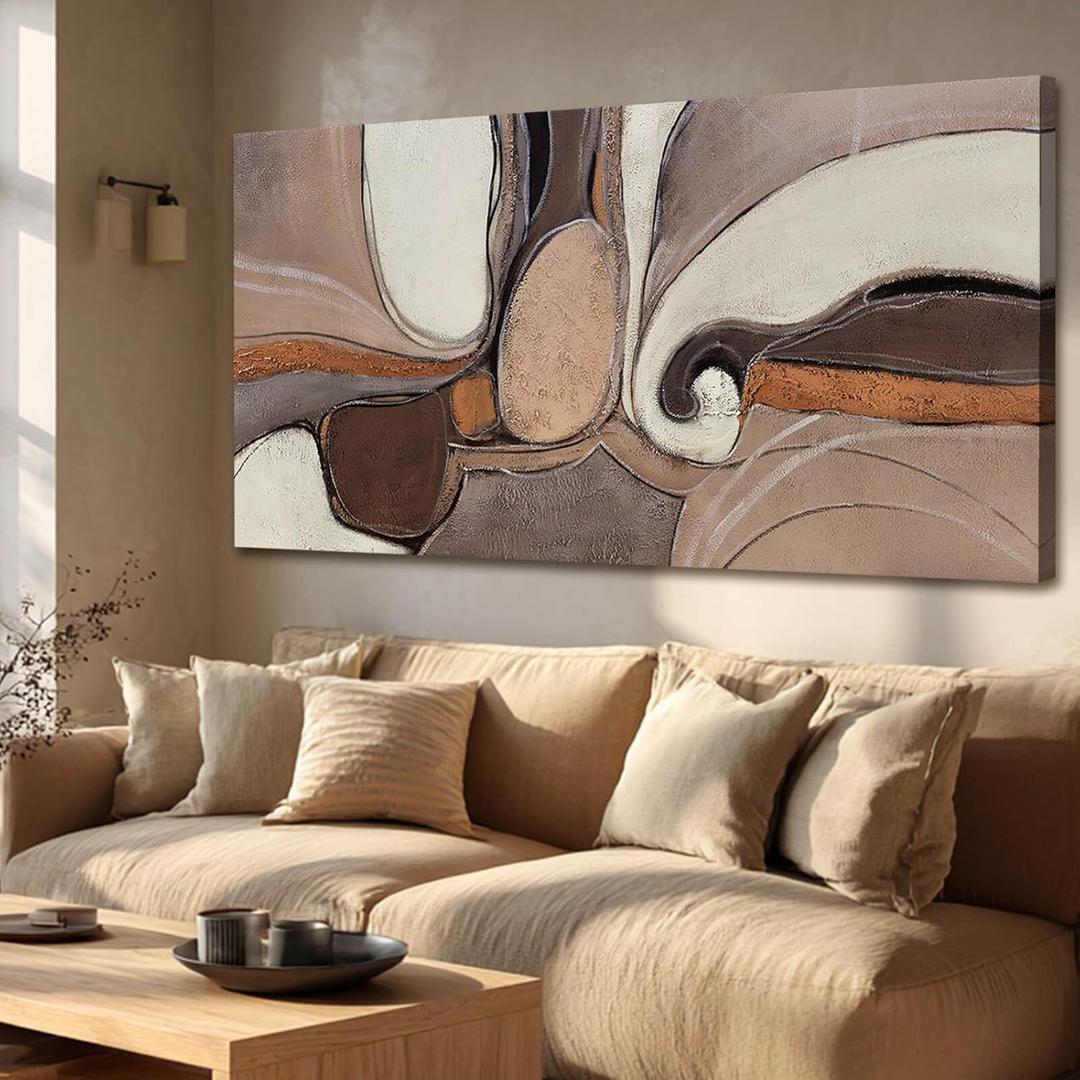YETHEN WAL Neutral Earth-Tone Abstract Wall Art, Gold Accent Textured Canvas Prints, Swirl Geometric Modern Wall Decor for Living Room Bedroom Office 20x40 Inch