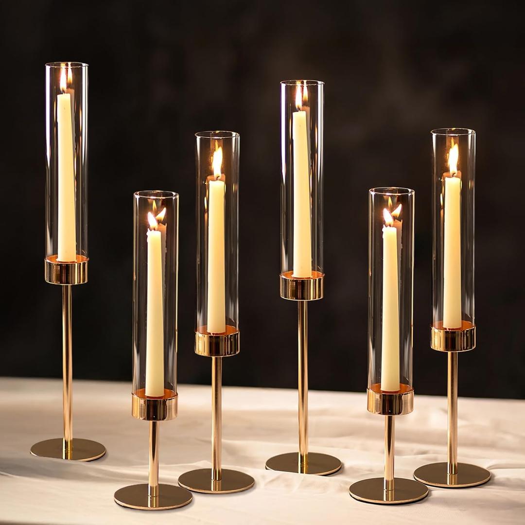 NUPTIO Hurricane Candle Holder for Candlestick: 6 Pcs Gold Taper Candlestick Holders - Tall Modern Candles Stick Decor with Cylinder Shape Cover for Dinner Table Centerpiece (Clear)