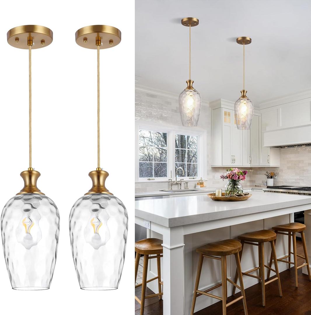 2 Pack Glass Pendant Lights Kitchen Island Gold Vintage Pendant Light Hand-Blown Hammered Clear Glass Hanging Light Fixtures E26 Brass Pendant Light for Kitchen Sink Dining Room