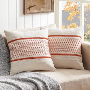 ZeeMart 2 Packs Cotton Boho Throw Pillow Covers 20x20 Inch Grid Orange, Soft Farmhouse Decorative Fall Couch Pillow Cases Burnt Orange Cushion Covers for Sofa Bed Living Room Home Decor