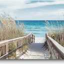 TAR TAR STUDIO Beach Artwork Seascape Wall Art: Seaside Painting Fence Pathway Picture Print on Wrapped Canvas for Living Room (36''W x 24''H, Multiple Sizes)