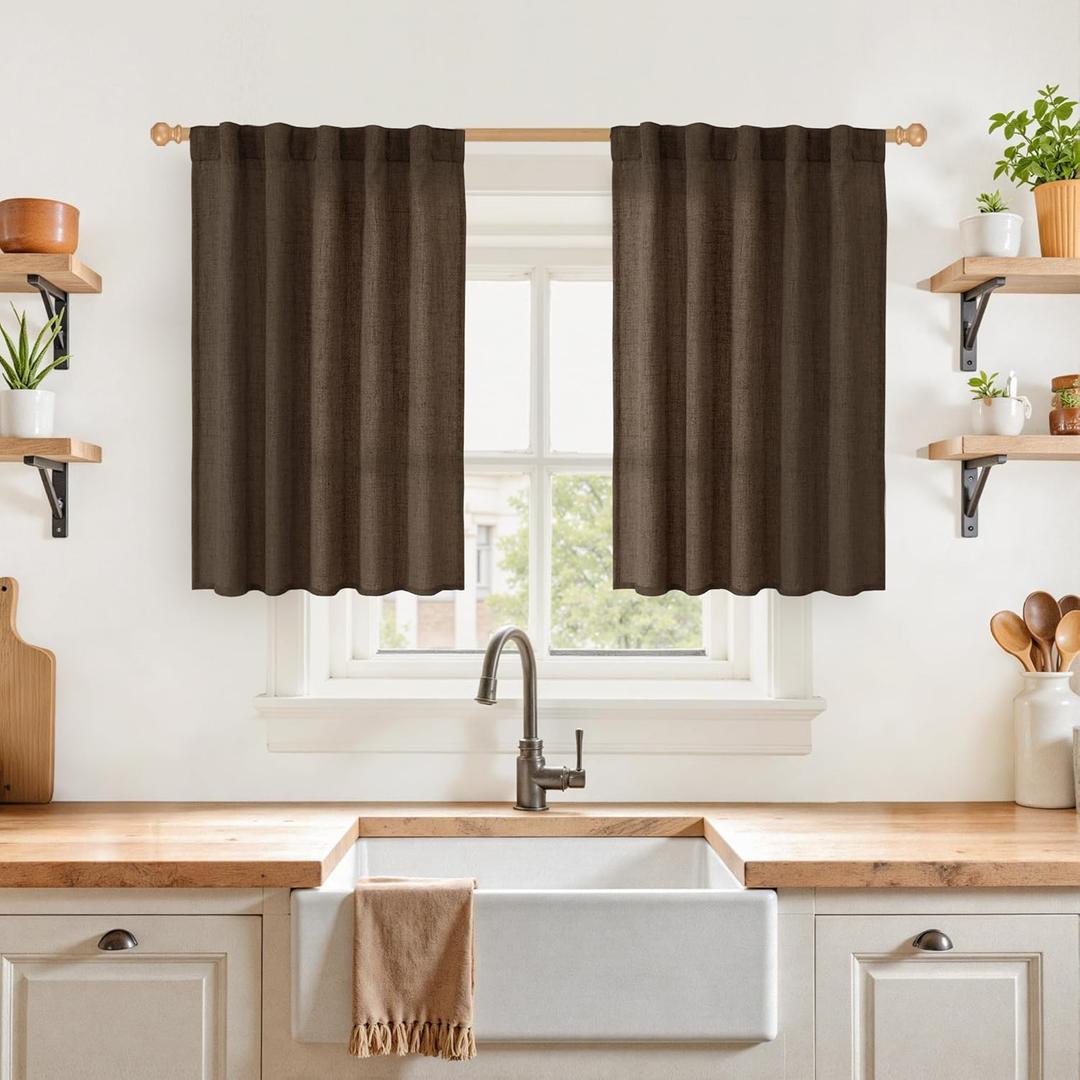 YoungsTex Brown Linen Cafe Curtains 36 Inches Long for Fall Decor, Small Light Filtering Drapes with Rod Pocket Back Tab Textured for Bathroom Kitchen Window, 2 Panels, 42 X 36 Inch