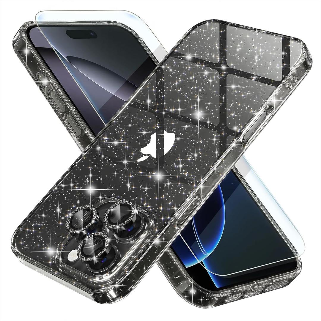 Choiche Compatible for iPhone 16 Pro Case Women Phone Case, Cute Bling Sparkly, Military Grade Drop Protection, 3 Diamond Camera Lens Covers, 2 Tempered Glass Protectors, 6.3 inch (Glitter Black)
