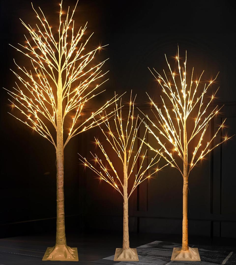 Dazzle Bright 3 Pack Light up Birch Tree, 4FT 96 LED/ 5FT 120 LED/ 6FT 240 LED Pre lit Birch Christmas Tree for Xmas Indoor Outdoor Home Party Garden Decor