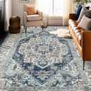 Machine Washable Rug 9x12 Vintage Design Boho Area Rugs for Living Room, Bedroom, Kitchen, Soft Non-Slip Indoor Large Carpet, Navy/Beige-Print Design