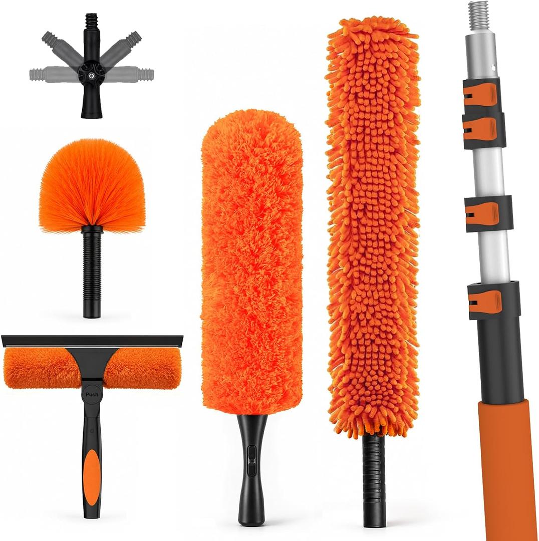 LAANPOLE 26FT High Reach Duster Cleaning Kit with Extension Pole, High Ceiling Fan Cleaner Duster Tool for Fan Blades, Window Washing Kit with Microfiber Feather Duster & Window Squeegee, 20FT