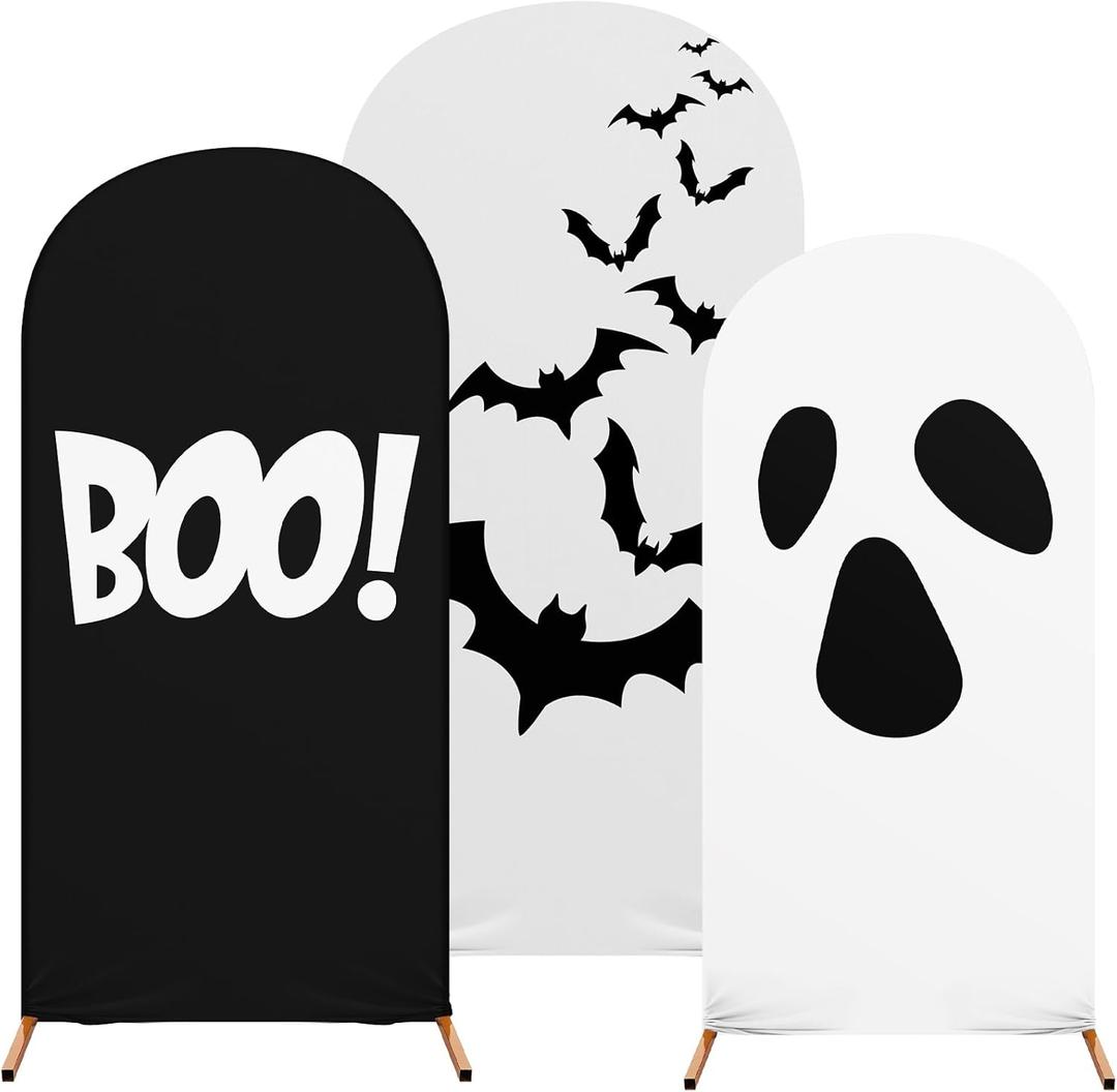 Set of 3 Halloween Arch Backdrop Covers, Boo Backdrops, Bat, Grimace, Ghost Party Stretch Backgrounds, 4ft, 5ft, 6ft