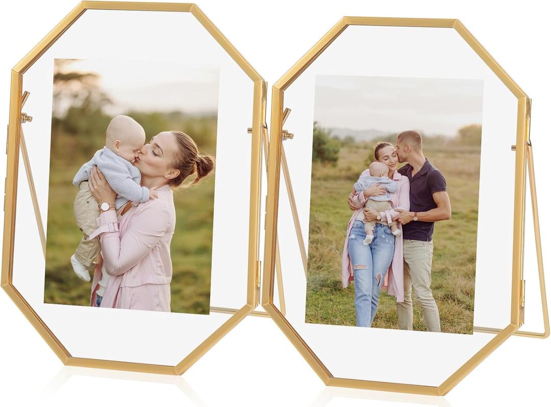 5x7 Gold Floating Picture Frame, Octagon Tempered Glass Floating Frames for 3.5 x 5, 4 x 6 Photo, Tabletop Picture Frame for Office and Home Decor