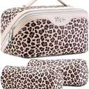 BOYATU Travel Makeup Bag for Women: 3-in-1 Modular Leopard Print Cosmetic Case Set for 3-15 Day Trips - Waterproof Vegan Leather Toiletry Bag - Perfect for Party/Festival/Night Out - Gift Box - Beige