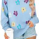 Flower Sweaters for Women Floral Print Pullover Cozy Knit Sweater Crewneck Long Sleeve Shirts Cute Outfits Tops (Blue, L)