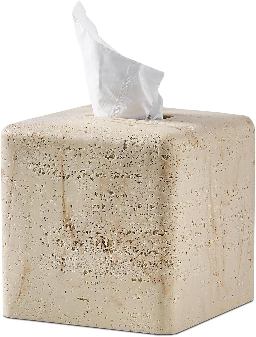 Natural Travertine Textures Tissue Box Cover Square for Home Decor,Resin Heavy Tissue Box Holder for Bathroom Countertop,Tabletop,Bedside Table,Office (Handmade of Resin) (Yellow Stone)