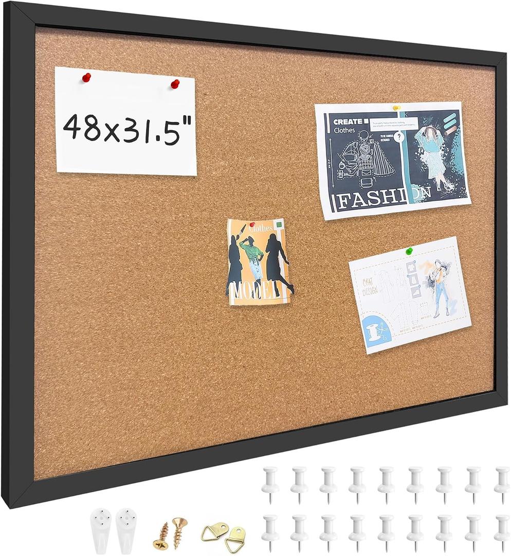 31.5"x48" Black Wood Framed Hanging Cork Bulletin Board