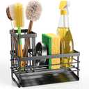 Cisily Sink Caddy Sponge Holder for Kitchen with Brush Holder and Stainless Steel Self Drain Tray, Rustproof Kitchen Sink Organizer for Sponge, Soap Dispenser Storage Accessories (Black)