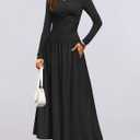 ZESICA Women's Long Sleeve Fall Maxi Dress 2026 Crewneck Knit Casual Slim Swing Pleated Dresses with Pockets (Black, M)