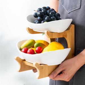 LIBWYS 2 Tier Oval Bowl Set with Natural Bamboo Rack, Tiered Ceramic Serving Tray Set for Fruit, Dessert Appetizer, Cake, Candy, Chip Dip