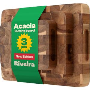 Riveira Acacia Wood Cutting Board  Versatile and Durable: Set Of 3 Pcs Rectangular Wooden Cutting Board  Natural Wooden Cutting Boards For Kitchen  Complete Acacia Wooden Chopping Board