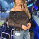 FEMLE Women Sparkly Off The Shoulder Sheer Mesh Tops Glitter See Through Long Sleeve Foldover Top Party Concert Outfits (XL)