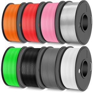 TECBEARS PLA 3D Printer Filament Bundle, 250g PLA Filament 1.75mm, 0.25kg Each Spool, Total 2kg, 8 Packs, Black+White+Transparent+Grey+Orange+Pink+Red+Green