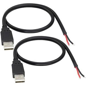 HCFeng 18AWG USB 2.0 Male Plug to 2pin Bare Cable USB A Male Plug to 2pin Bare Wire Pigtail Open End Extension Adapter 5V 5A Power Charge Wires DIY Connector Cable [2PacK/Black][0.5M/1.6ft]