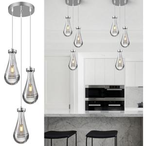 Raindrop Pendant Lights Kitchen Island Teardrop Chrome Hanging Light Fixtures Clear Solid Glass Pendant Light Modern Chandeliers for Dining Room Porch Corridor Living Room(3-Light)