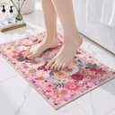 Pink Area Rugs 24x17 Inch Home Decor Entry Rug, Small Door Mat Bath Mats for Bathroom, Ultra-Thin Non Slip Floral Low Pile Tub Mat for Sink Shower Doorway Tub Kitchen Sink(2 x 1.4, Pink Garden)
