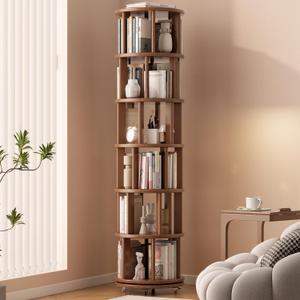 Solid Wood Rotating Bookshelf on Wheels, 6 Tier, Round Revolving Bookcase, 360 Spinning Book Shelf Tower for Kids, Narrow Rolling Bookshelves for Small Space, Corner, Bedroom, Office, Walnut