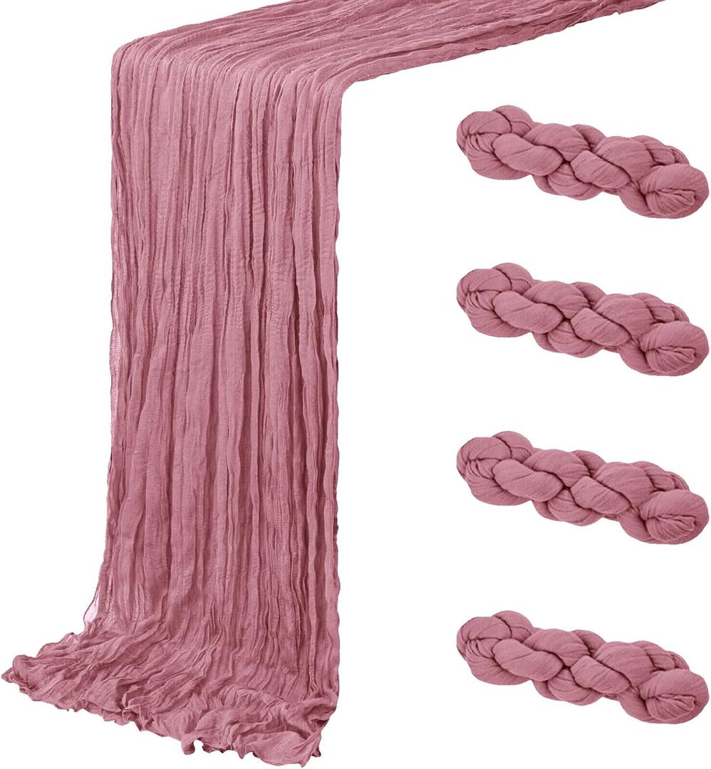 4 Pack Dusty Rose Cheesecloth Table Runner 20 x 120 inch Gauze Table Runners 10 FT Long, Semi Sheer Boho Cheese Cloth Fabric Table Runner Bulk for Wedding, Party, Baby Shower, Bridal Shower Decoration