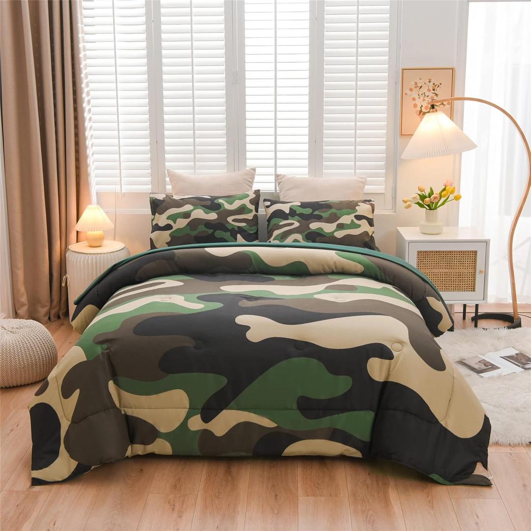 Meeting Story Camouflage Bedding Set, Green Camouflage Comforter Set, 5 PCS One Comforter and Two Pillowases, All Season Soft Bedspread for Boys Teens Adults (Green, Twin 5Pcs)