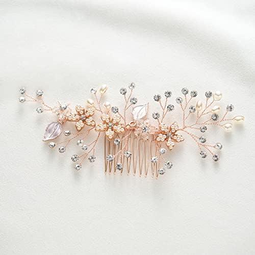 SWEETV Rose Gold Bridal Hair Comb Clip - Rhinestone Wedding Hair Accessories For Women, Girl, Bride