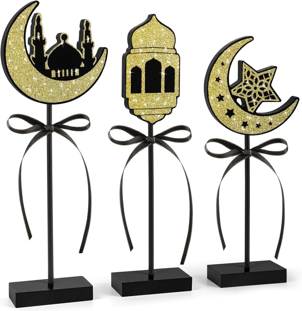 3 Pieces Ramadan Decorations Eid Mubarak Table Decor Wooden Set, Islamic Ramadan Tiered Tray Decor for Muslim Party Tabletop Decor Home (Shiny)