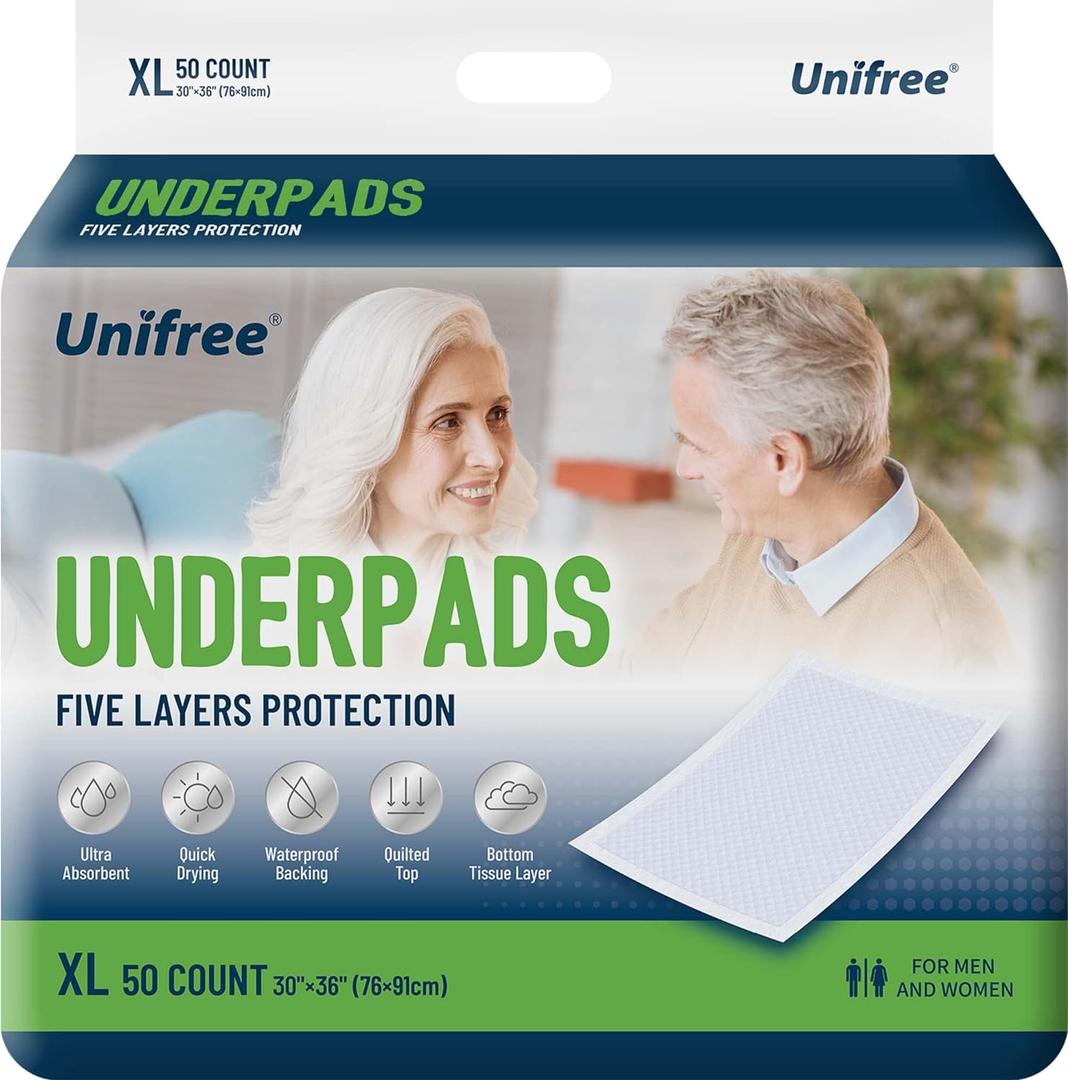 Unifree Disposable Underpads, Bed Pads, Incontinence Pad, Super Absorbent, 50 Count, Blue (XL 30x36 Inch) (X-Large)