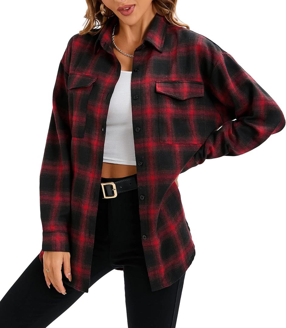 Oyamiki Womens Casual Cuffed Long Sleeve Boyfriend Button Down Plaid Flannel Shirt Tops (Small, New Red)