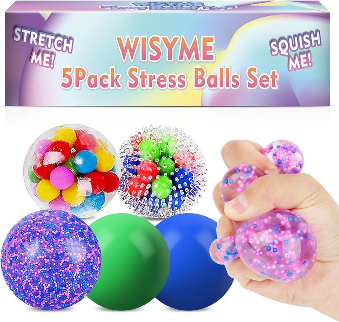 WISYME 5PACK Stress Balls for Adults Size 2.36 inches, Squishy Balls for Adults Stress Relief, Squishies Ball Sticky Balls, Squeeze Balls Colorful Balls