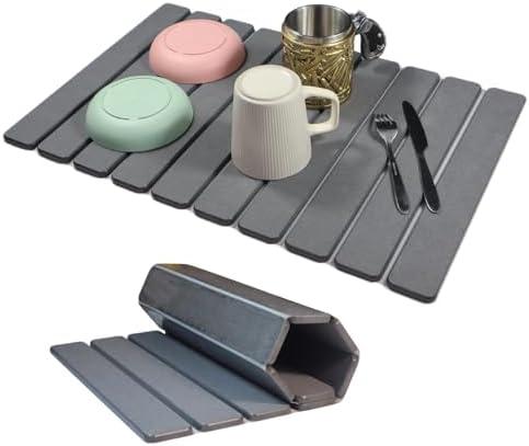 Large Stone Dish Drying Mat for Kitchen Counter Sink Bathtub, Diatomaceous Earth Food Grade Super Absorbent Self-Drying Fast Dry, Foldable Easy-to-Clean Eco-Friendly Drying Pad, 24"×16", Dark Gray
