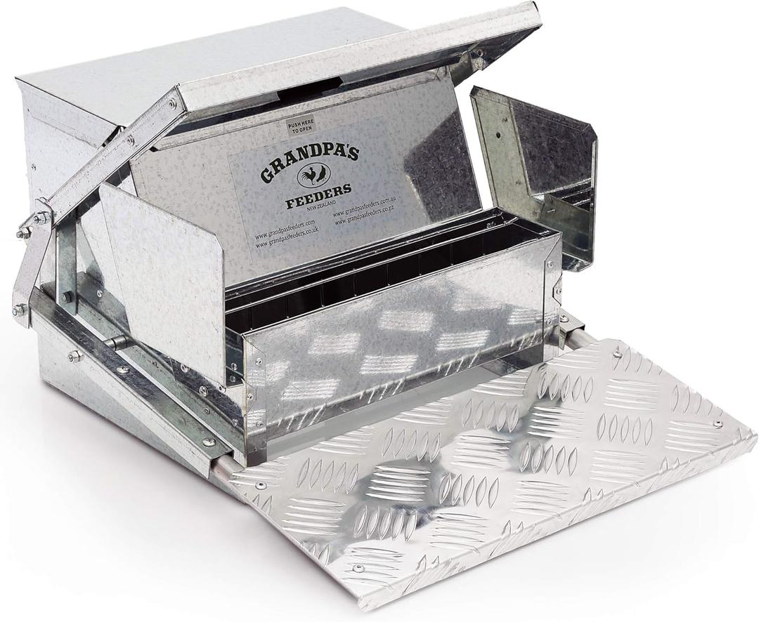 Grandpas Feeders Automatic Chicken Feeder - Heavy-Duty Galvanized Steel with Weatherproof Lid - No-Waste Poultry Feeder, Rat Proof, Spill Proof, Standard Size 6 Chickens 10 Days (20lb Feed) (Silver)