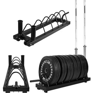 Fitvids Horizontal Plate and Olympic Bar Rack Organizer with Steel Frame and Transport Wheels, 5 Storage Spaces (Black)