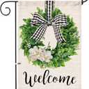 Hexagram Summer Welcome Garden Flag 12x18 Inch Outside, Mailbox Decor, Seasonal Outdoor Burlap Double Sided Summer Spring Flags for Outside, Boxwood Wreath Buffalo Plaid Yard Farmhouse Flag Decoration