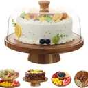 Acacia Wood Cake Stand with Lid, 6-in-1 Multifunctional Cake Plate, Cake Holder, Serving Tray, Fruit Platter, Salad Bowl, Dessert Table Display & Acrylic Cake Dome Cover