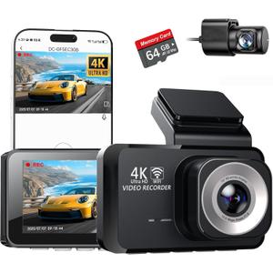 4K Dual Channel Dash Cam Front and Rear, Free 64GB Card Included, 5.8GHz WiFi Dash Camera for Cars, Built-in GPS, G-Sensor, 170Wide Angle, 3" IPS Screen, 24H Parking Mode, Support 512GB Max (Black)