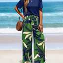 PRETTYGARDEN Women Summer 2 Piece Outfits 2026 Short Sleeve Knit Top Floral Print Belted Wide Leg Pant Sets With Pockets (Blue, XL)