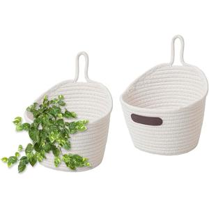 JJSQ 2pack Hanging Baskets Small Wall Hanging Storage Basket Round Woven Rope Wall Oganzier Decor for Flower Plants, Key Storage White 7.8 x 7 inches
