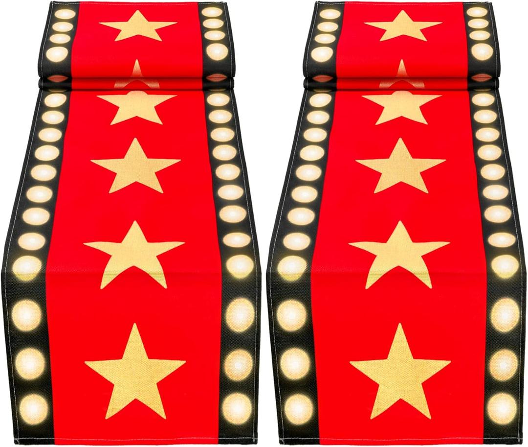 2 Pcs 13 x 72 Inch Movie Night Table Runner with Gold Star Design - Red Carpet Decoration for Birthday Party Supplies red