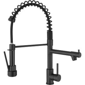 FLG Black Kitchen Faucet with Pull Down Sprayer,High Pressure Double Spout Brushed Nickel Kitchen Sink Faucet,Single Handle Stainless Steel Spring Commercial Kitchen Faucets