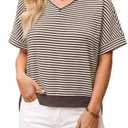 Fisoew Womens Short Sleeve Sweater Summer V Neck Striped Pullover Tops Casual High Low Loose Slit Cropped T Shirts Brown (M)